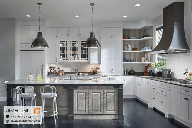 کابینت کلاسیک سفید با جزیره طوسی