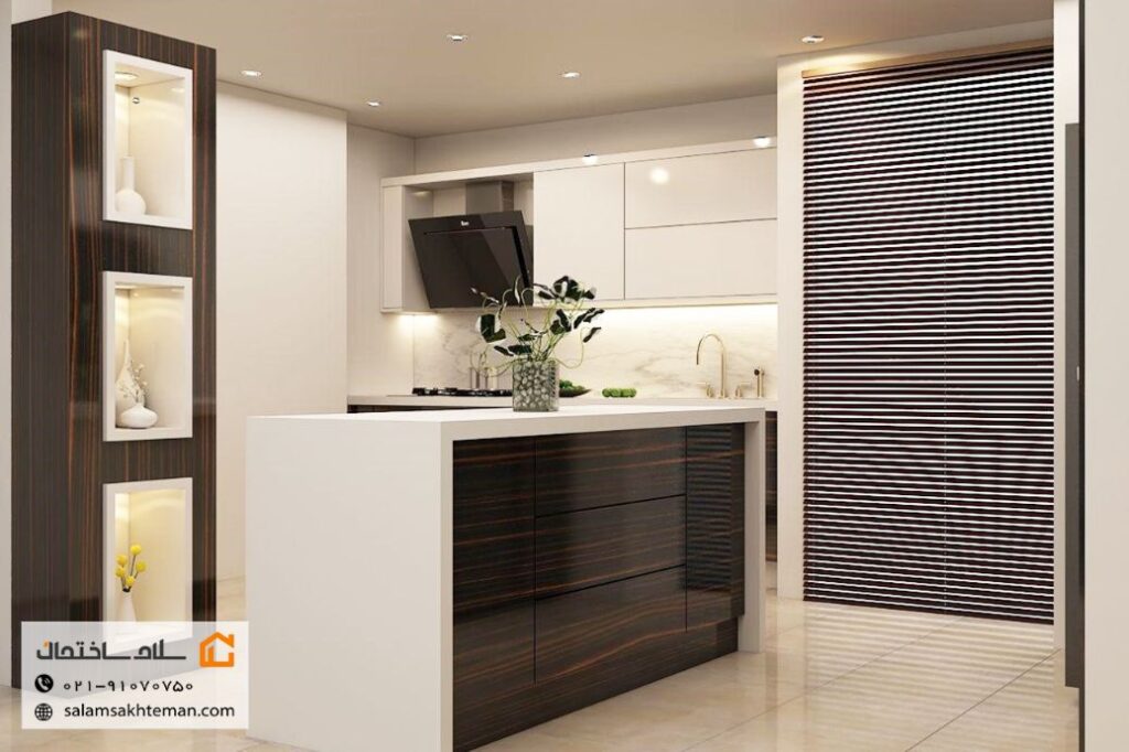 کابینت هایگلاس با جزیره سفید قهوهای