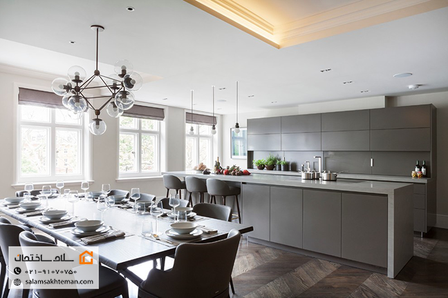 کابینت هایگلاس طوسی با جزیره مدرن