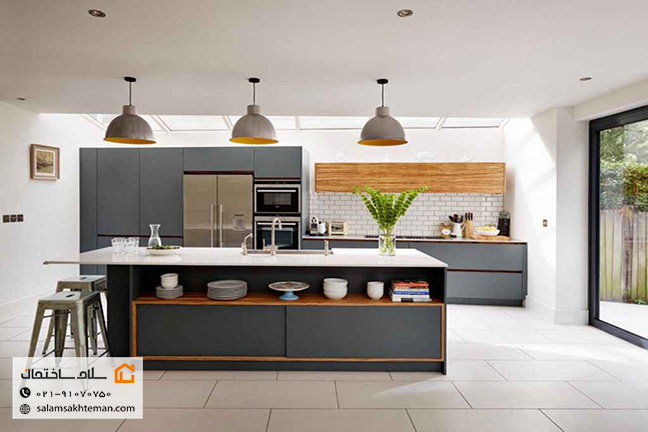 کابینت طوسی سفید با طرح چوب