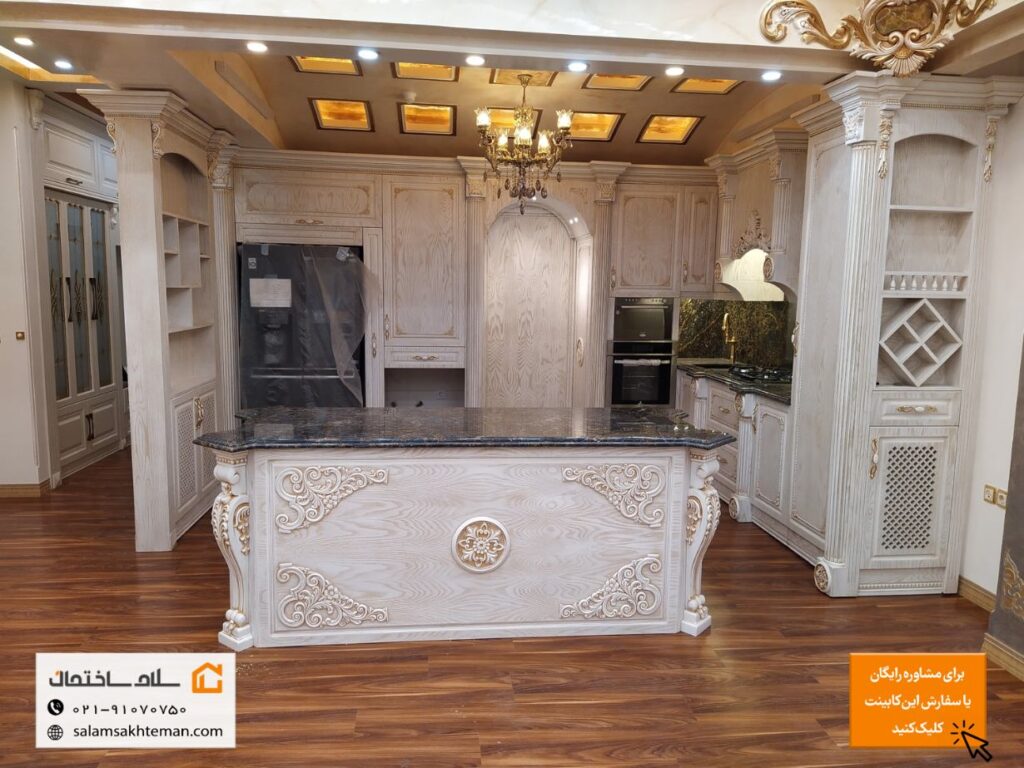 کابینت روکش چوب سفید با رگه های طلایی کرمی سلام ساختمان قم