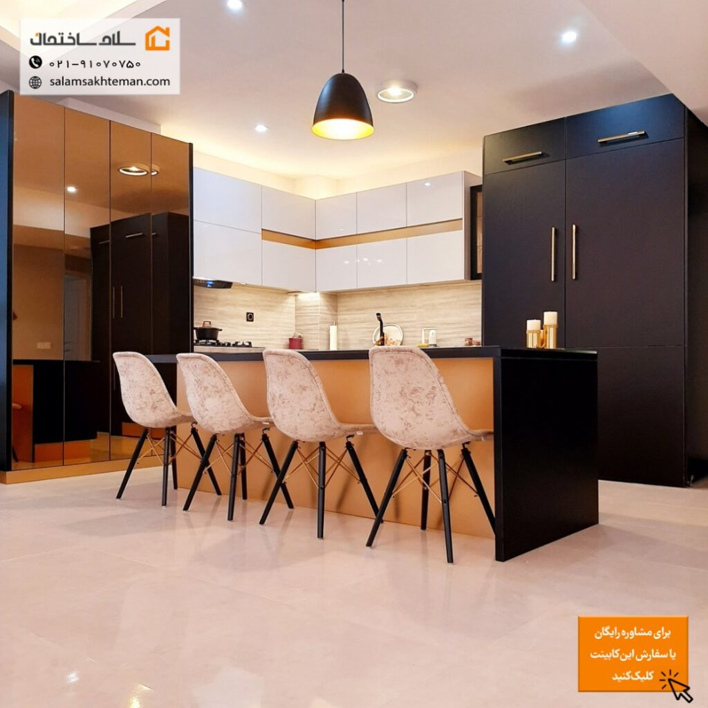 کابینت هایگلاس سفید و طلایی و آبی مدرن