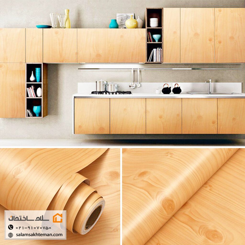 برچسب کابینت با طرح چوب و رنگ روشن