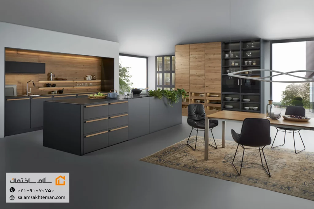 آشپزخانه مدرن بزرگ با کابینت ترکیب ام دی اف طوسی و طرح چوب