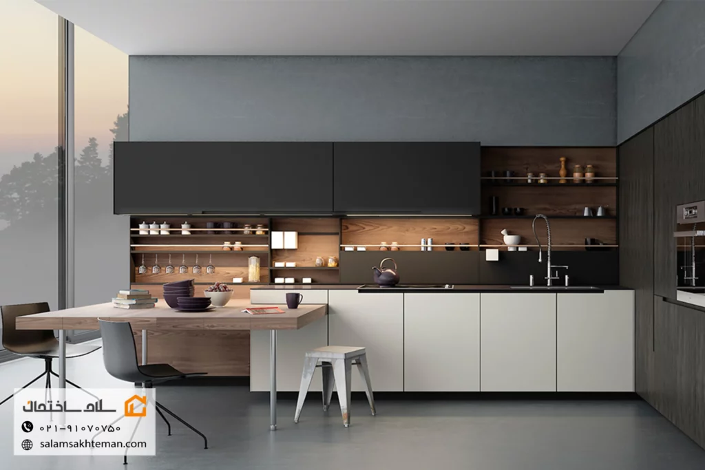 آشپزحانه مدرن با کابینت ام دی اف رنگ سفید طوسی و بدون دستگیره