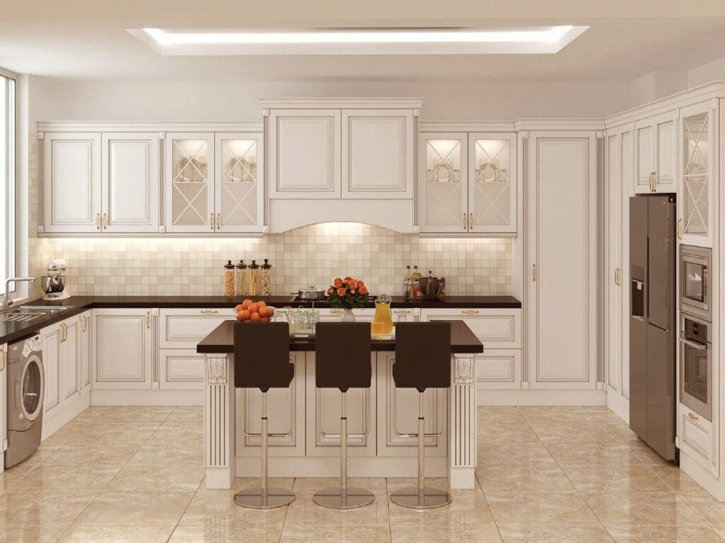 کابینت ممبران نئوکلاسیک با جزیره کلاسیک سفید