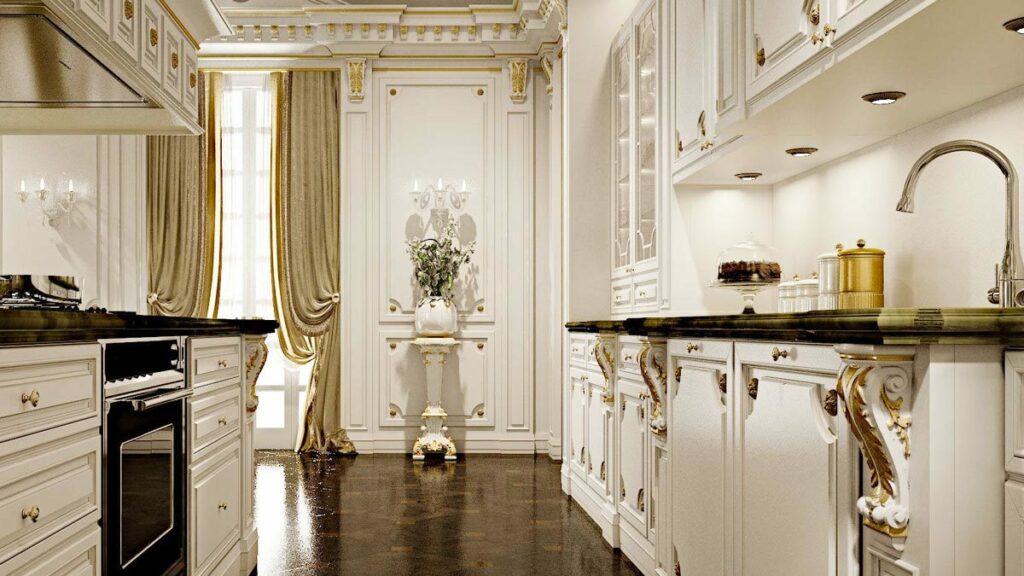 کابینت ممبران سفید صدفی کلاسیک با منبت کاری طلایی و کفپوش آشپزخانه سنگی