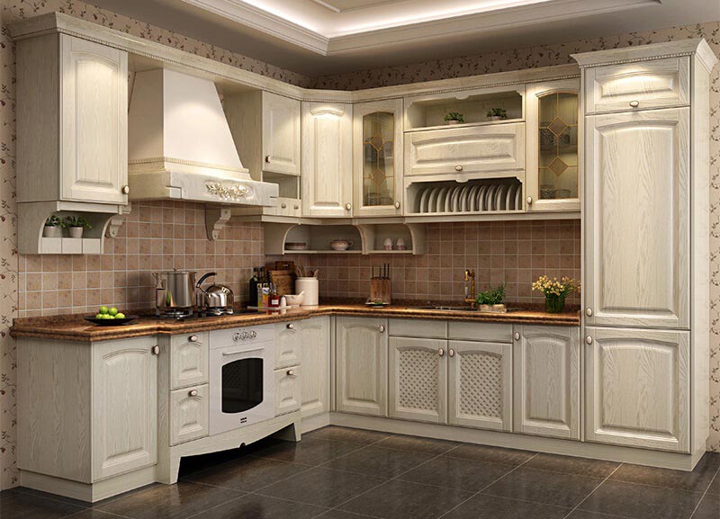کابینت ممبران سفید طرح چوب با درب های نئوکلاسیک و طراحی کلاسیک رو کاور هود