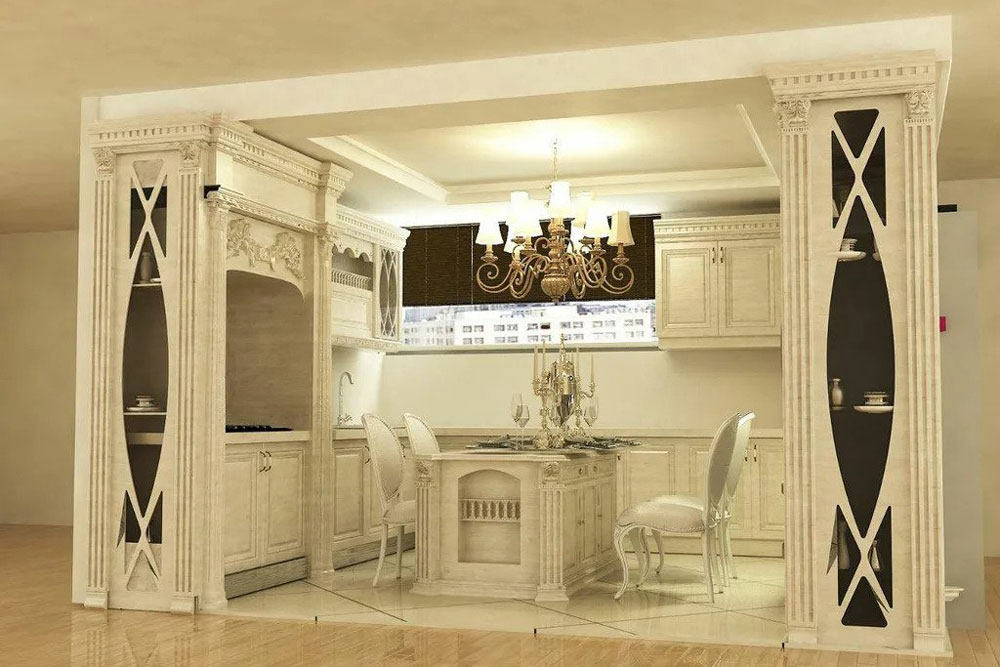 کابینت ممبران سفید کلاسیک با چیدمان یوشکل در آشپزخانه