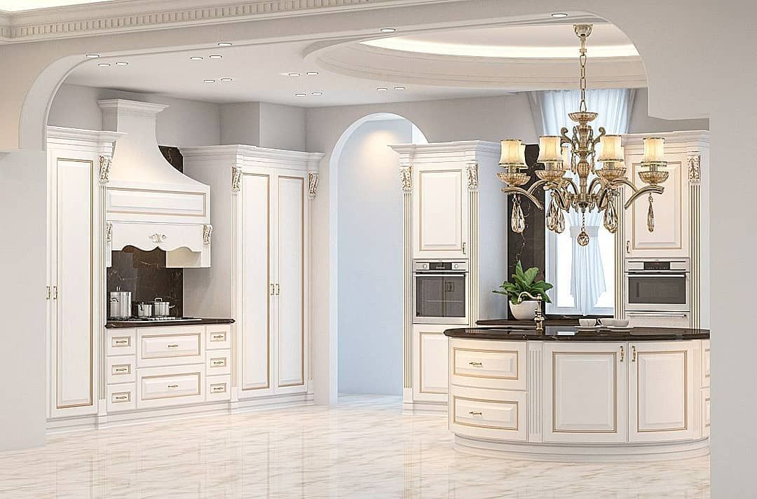 کابینت ممبران کلاسیک سفید صدفی با جزیره منحنی گرد و صفحه کابینت مشکی