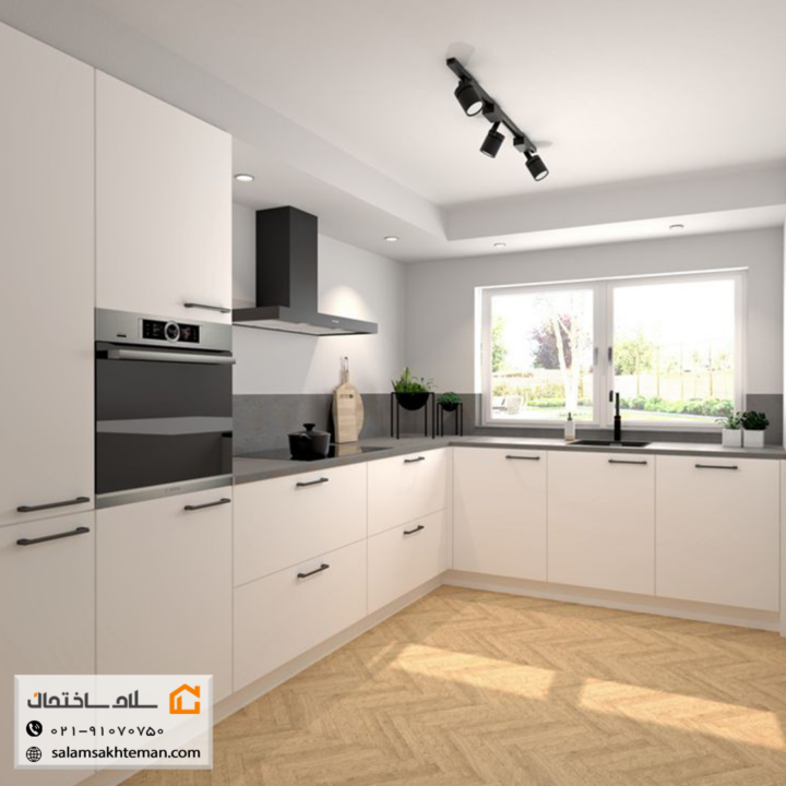 کابینت هایگلاس سفید با دستگیرههای خاکستری