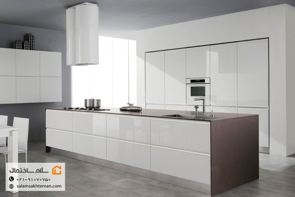 کابینت آشپزخانه هایگلاس سفید طوسی فاقد دستگیره