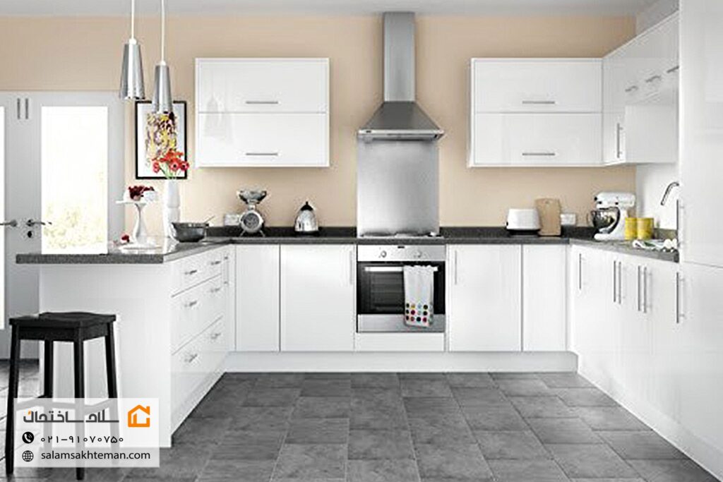 کابینت های گلاس سفید با صفحه کابینت طوسی