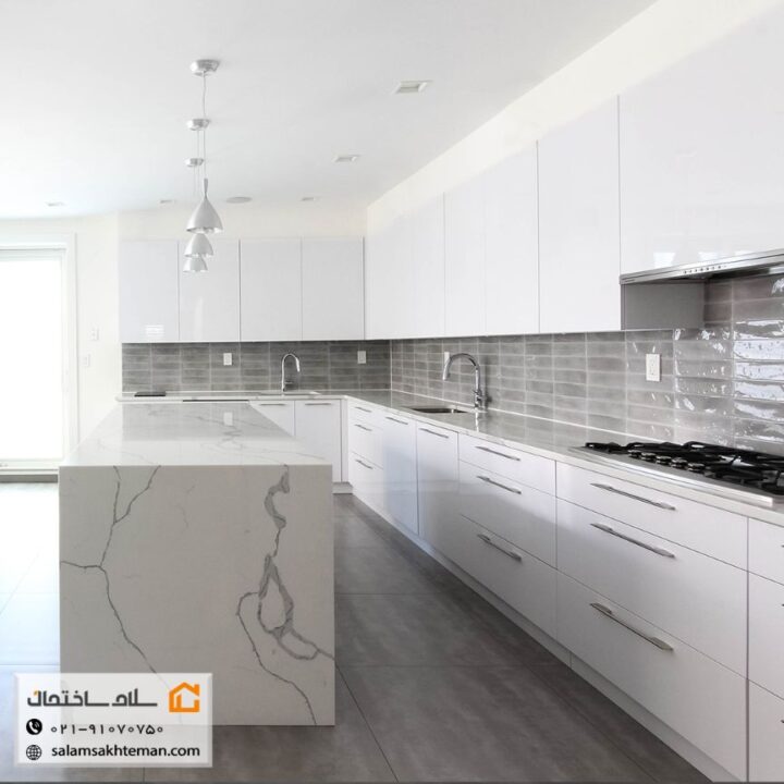 جدیدترین کابینت هایگلاس سفید با جزیره طرحدار