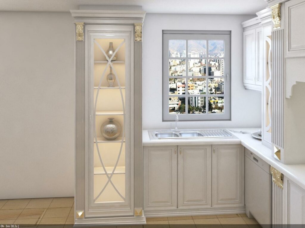 مدل کابینت ممبران سفید صدفی کلاسیک با کابینت کمدی ویترینی و صفحه کابینت سفید