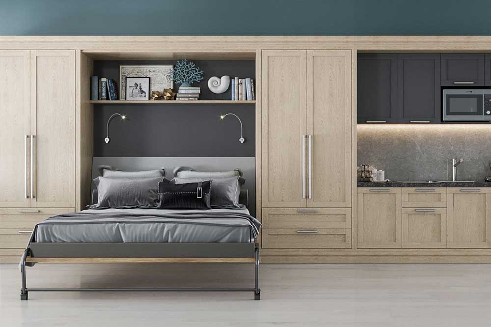 تخت خواب کمدی تاشو نئوکلاسیک قهوه ای کنار کابینت