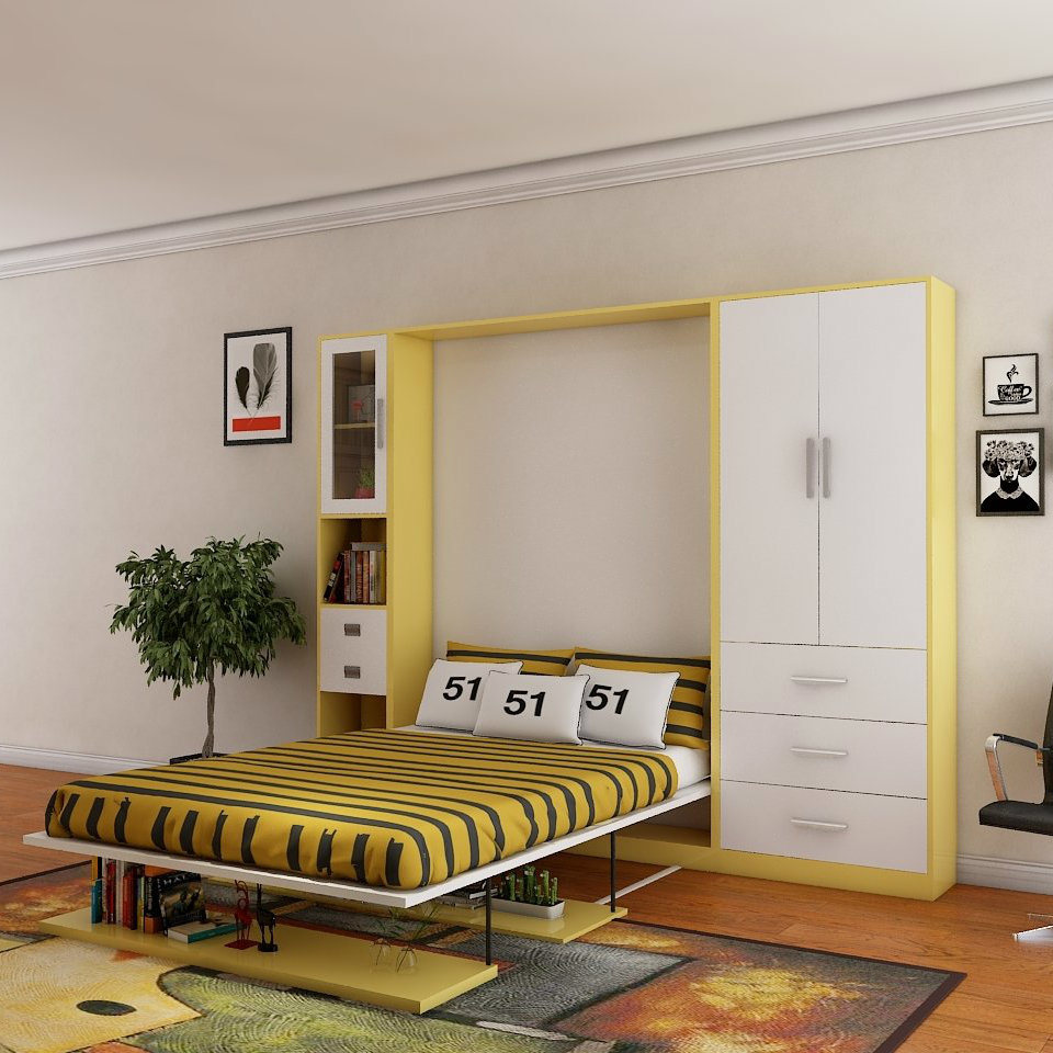 مدل تخت دیواری تاشو با کمد مدرن سفید زرد