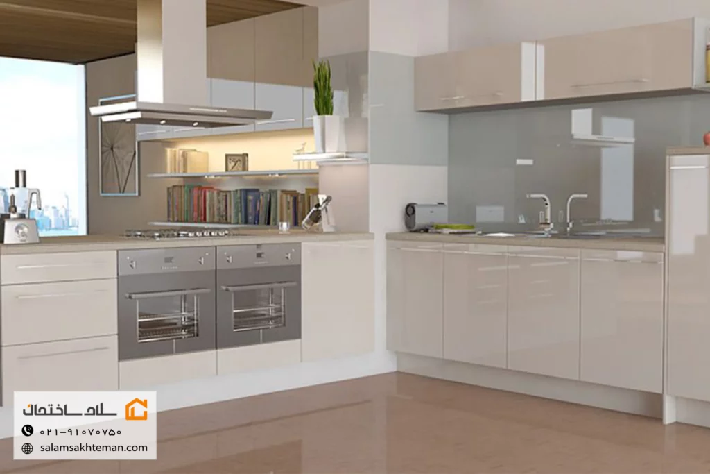 کابینت هایگلاس اکلیلی به رنگ بژ و اپن دار
