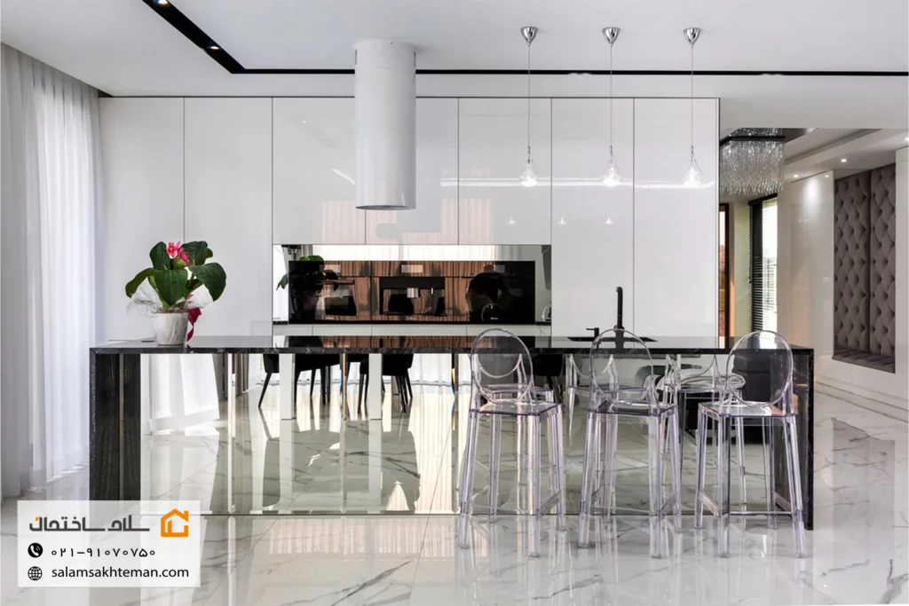 کابینت هایگلاس براق سفید با کابینت جزیره