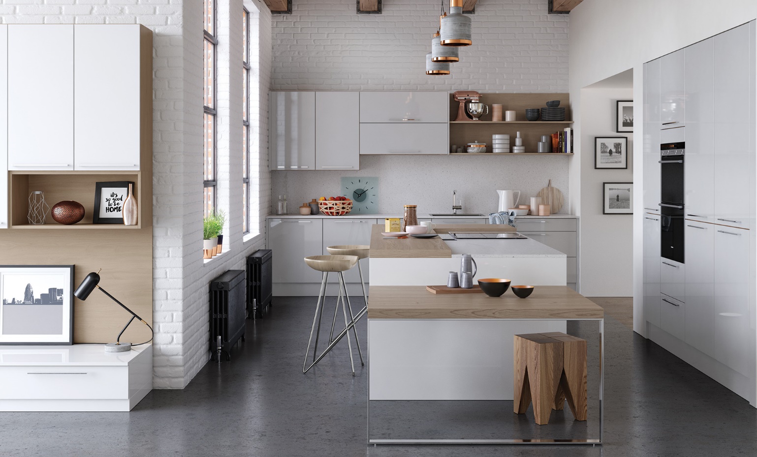 روکش کابینت هایگلاس سفید براق با صفحه کابینت چوبی