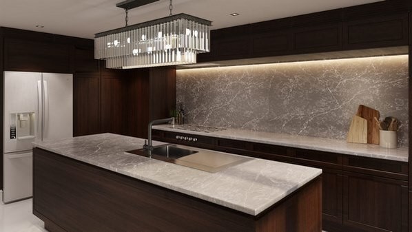 صفحه کابینت لوکس طوسی رنگ به همراه جزیره و شیر ظرفشویی