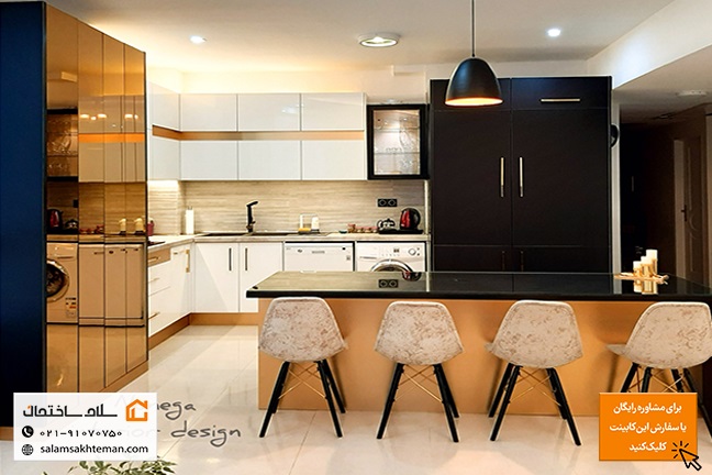 کابینت مدرن سرمهای و سفید و طلایی براق