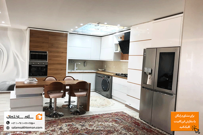 کابینت مدرن سفید و قهوهای با نورپردازی سقف