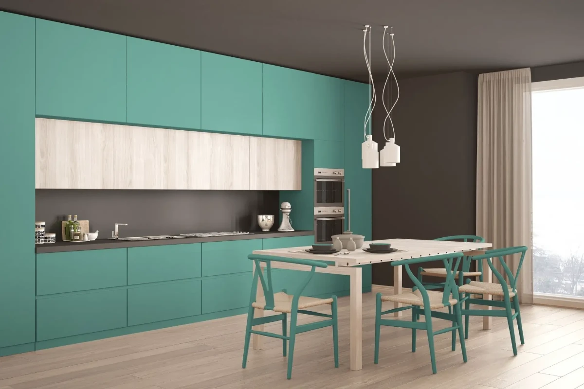کابینت ام دی اف دو رنگ آبی فیروزه ای و رنگ چوب