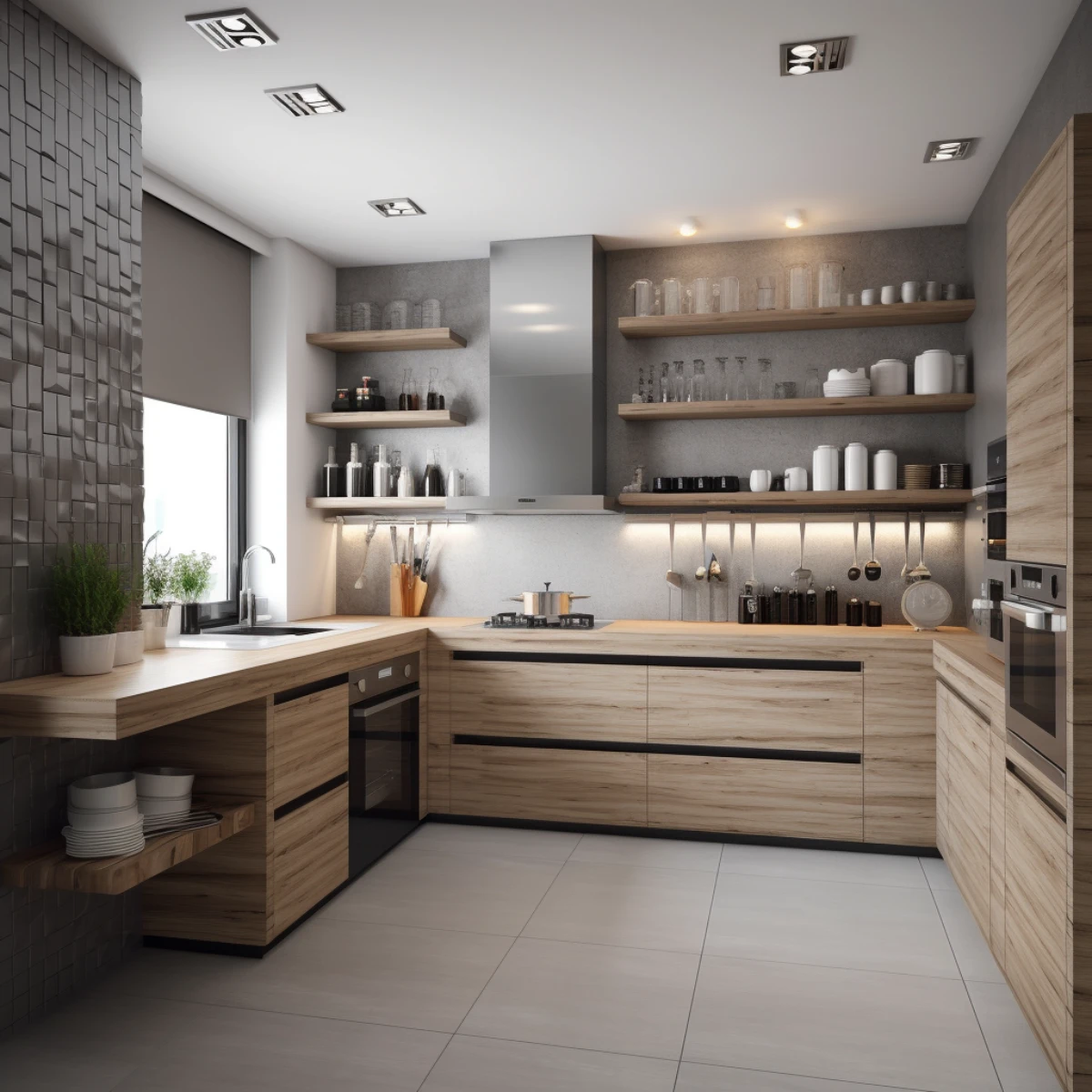 کابینت ام دی اف طرح چوب قهوه ای با شلف در آشپزخانه