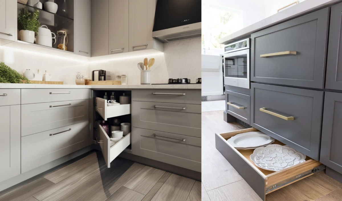 کابینت کنج و کشوی زیر کابینتی در آشپزخانه