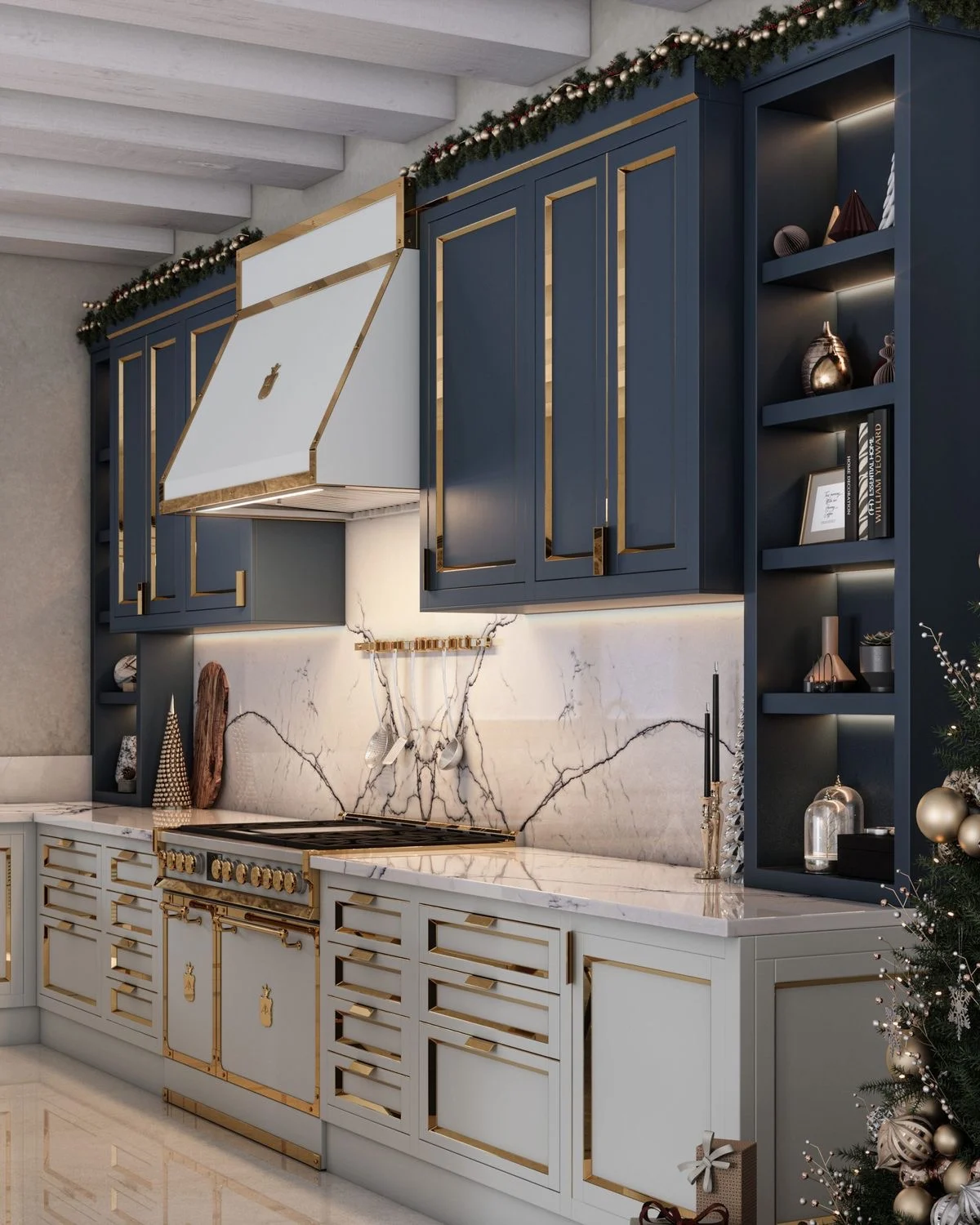 کابینت نئوکلاسیک با ترکیب رنگ آبی نفتی و سفید با حاشیه کار طلایی