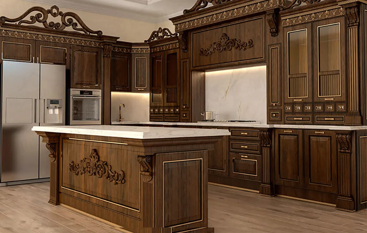 کابینت کلاسیک به رنگ قهوهای سوخته با تاجهای بلند