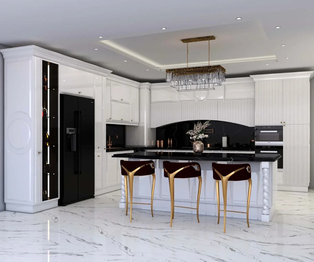 آشپزخانه با کابینتهای انزو سفید، کابینت ویترینی بلند، جزیره مستطیلی با کانتر مشکی