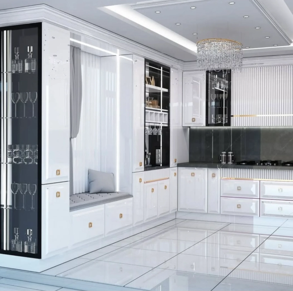 کابینت انزو سفید طلایی ویتریندار