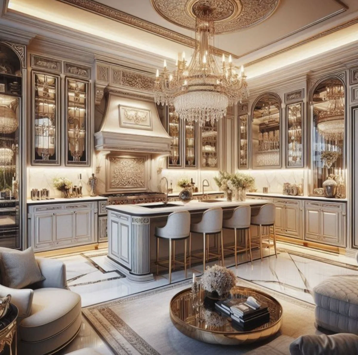 کابینت کلاسیک سفید با ویترین سراسری شیشهای در ردیف بالا، همراه با جزیره چندمنظوره