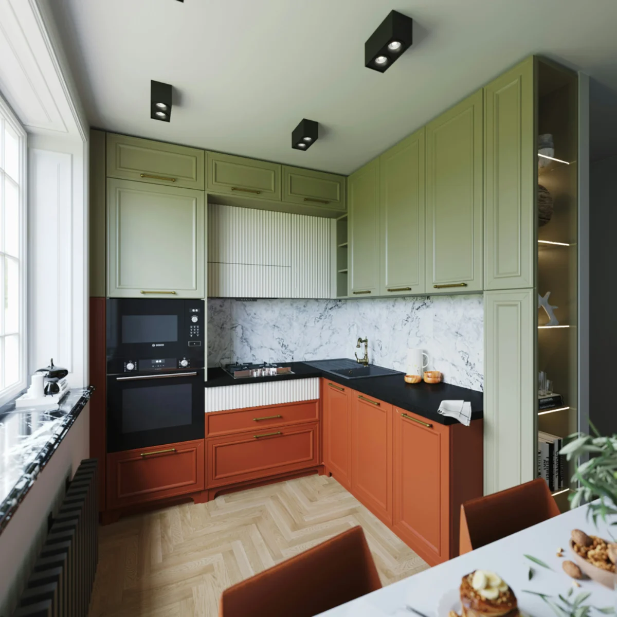 کابینت نئوکلاسیک سبز و نارنجی