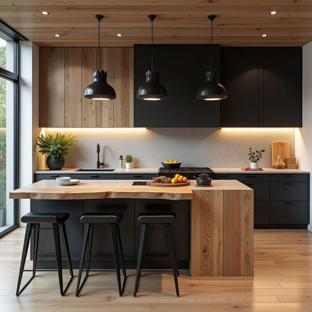 کابینت و جزیره مدرن چوبی و مشکی