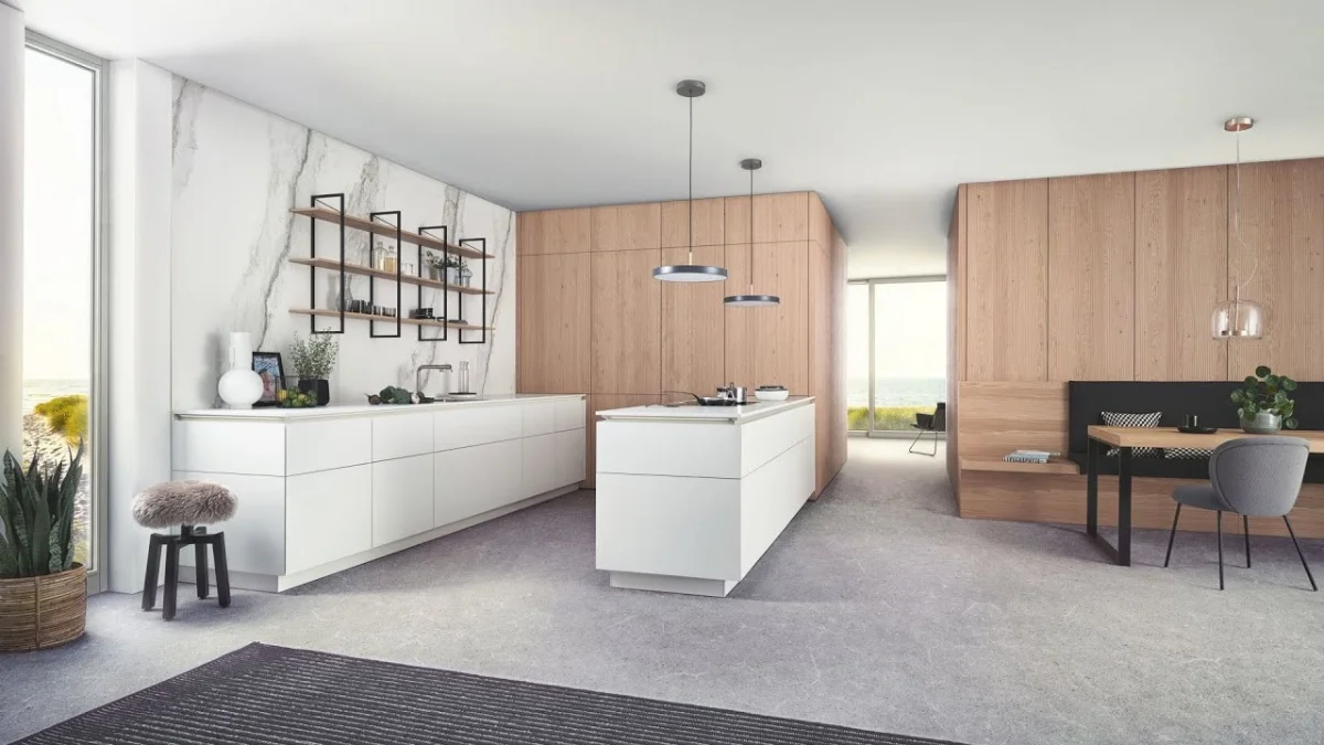 کابینت سفید مینیمالیستی با طرح سنگ و بدون دستگیره