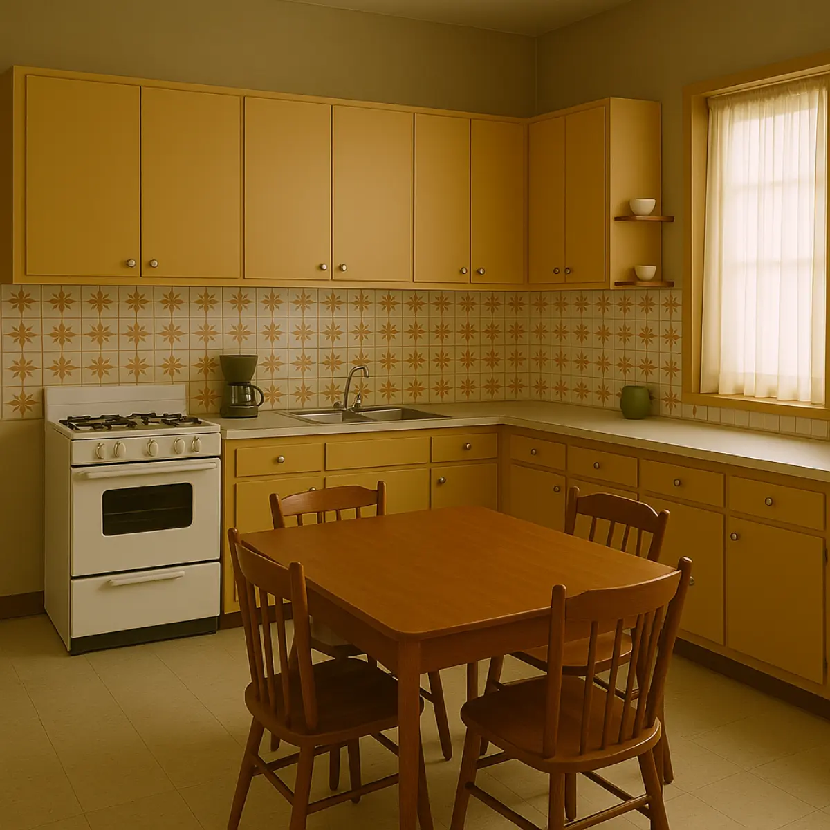 آشپزخانه با کابینت مدرن زر و میز ناهارخوری چوبی