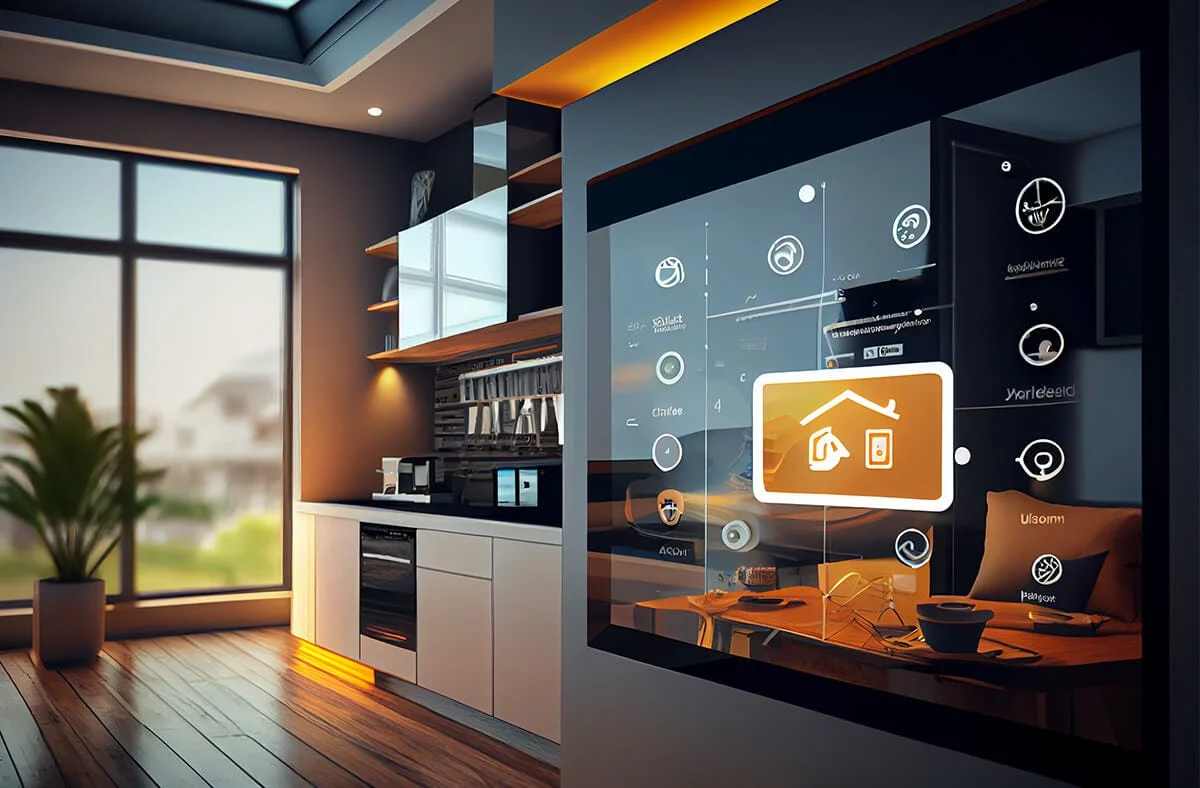 کابینت هوشمند خاکستری همراه با کفپوش چوبی