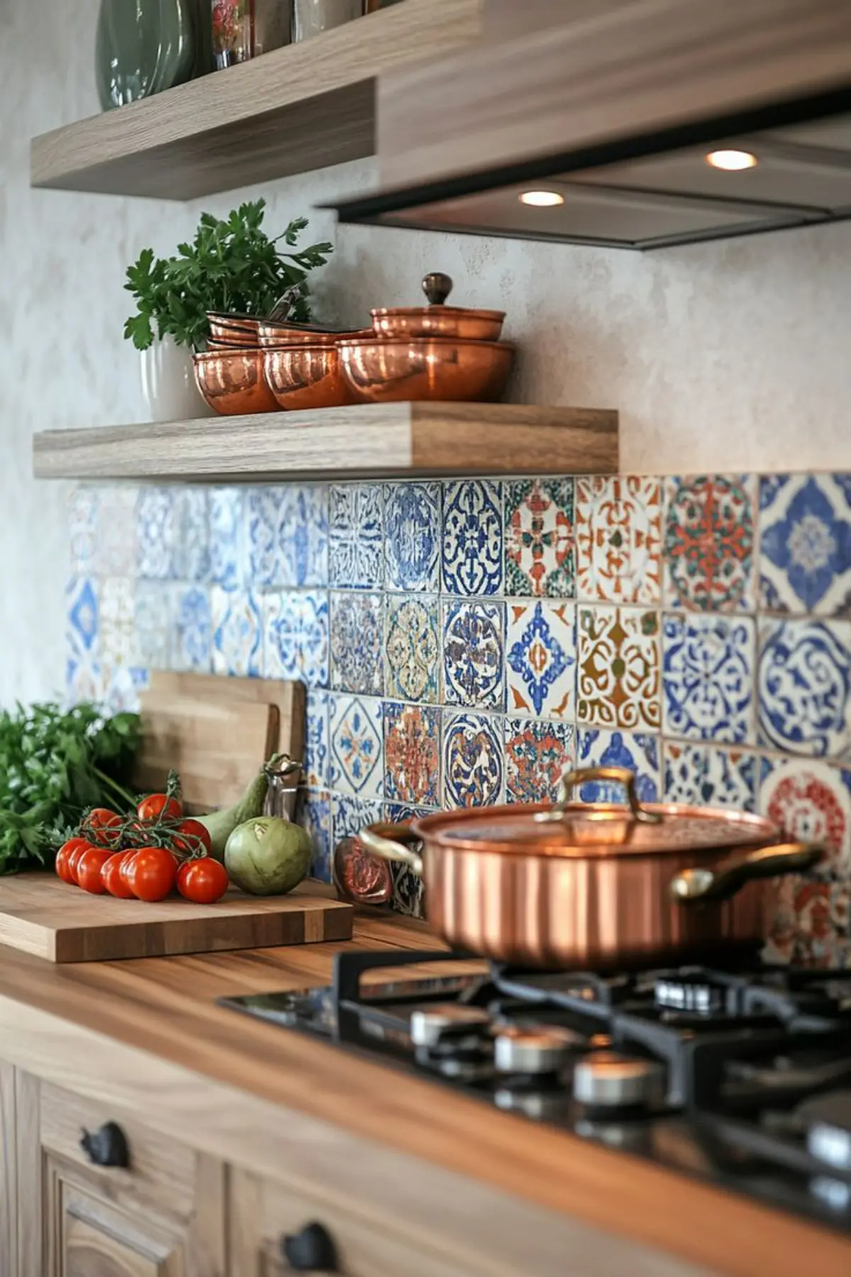 کاشی بینکابینتی آبی با کابینت چوبی و ظروف مسی