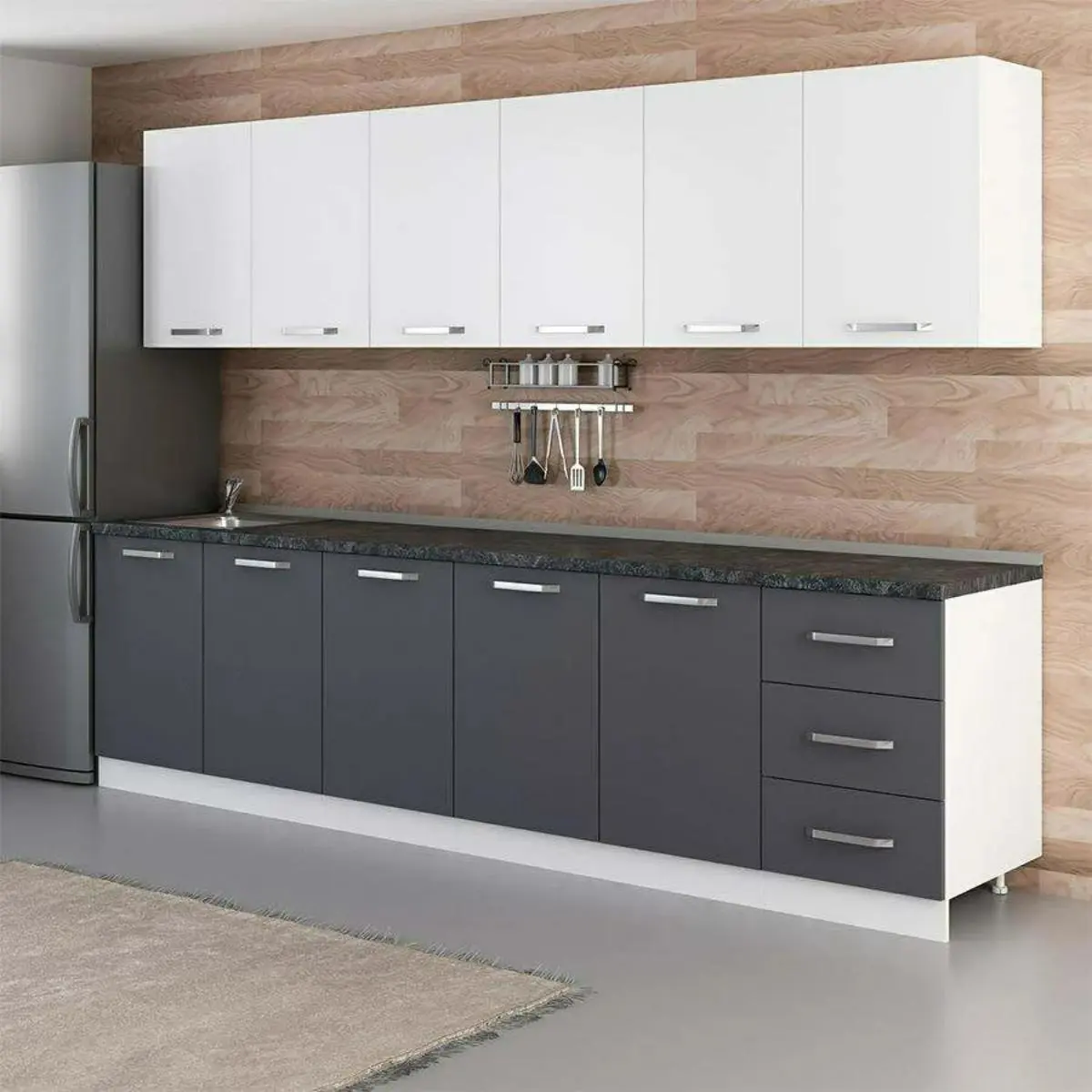 کابینتهای سفید و طوسی پیش ساخته با دستگیره استیل