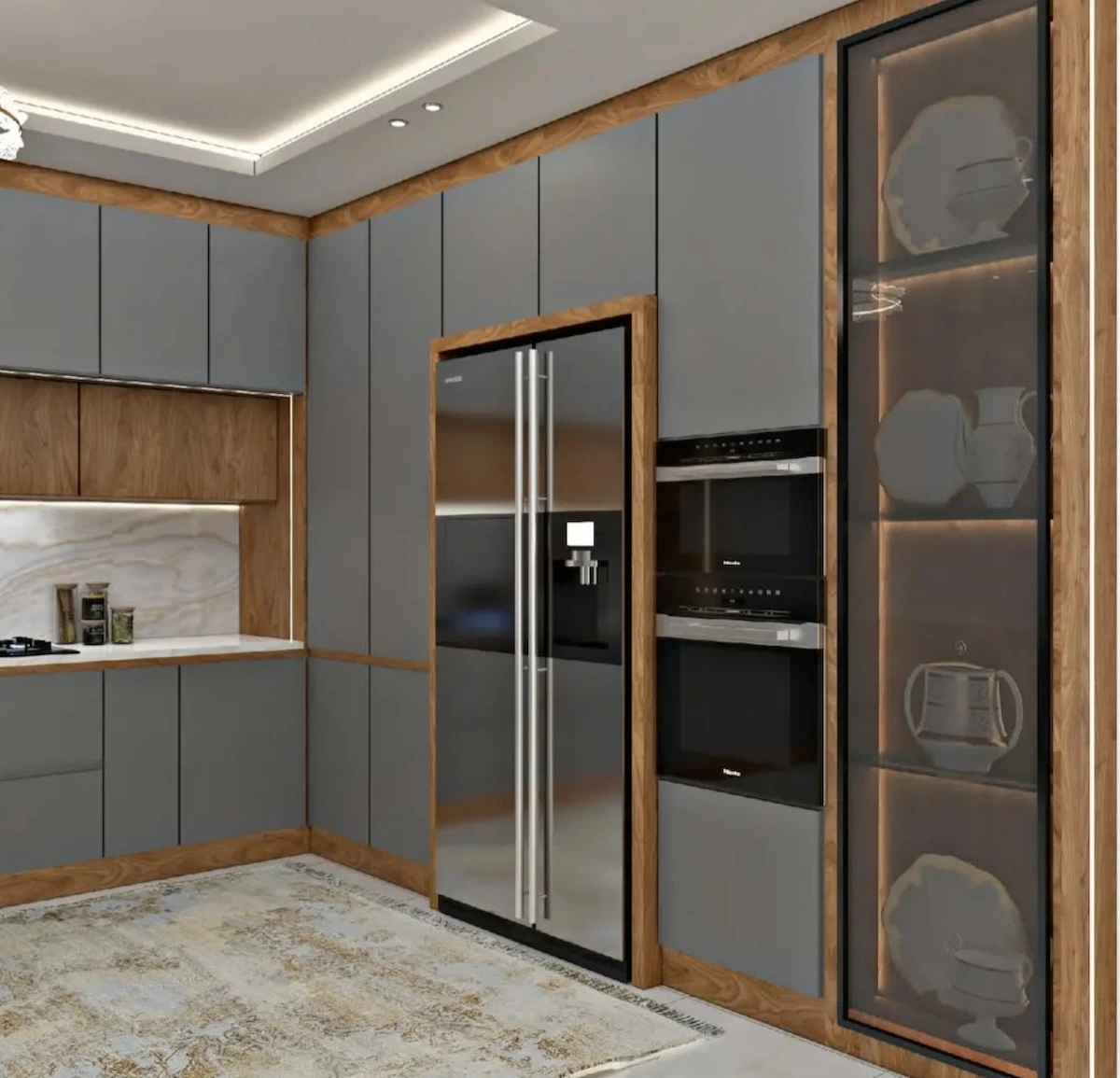 کابینت مدرن طوسی با قاببندی چوبی