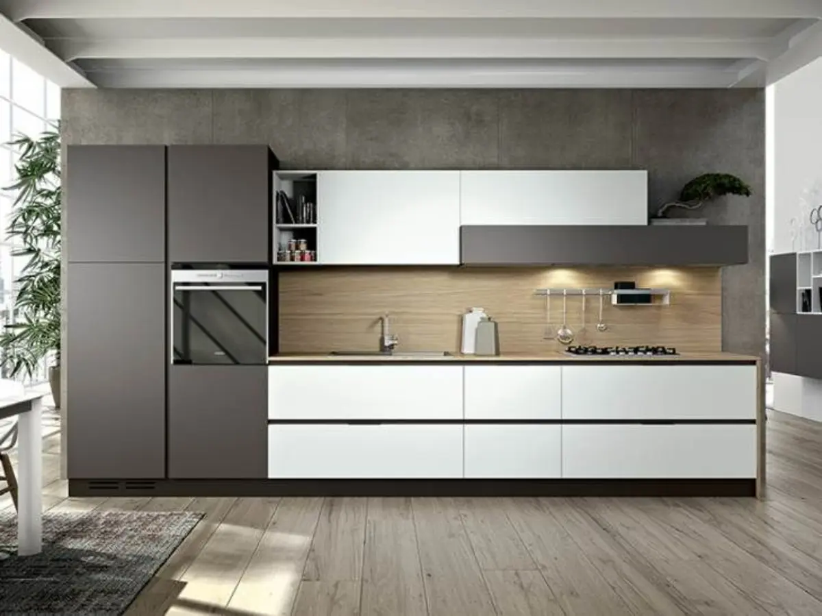 کابینت خطی مدرن سفید طوسی در آشپزخانه