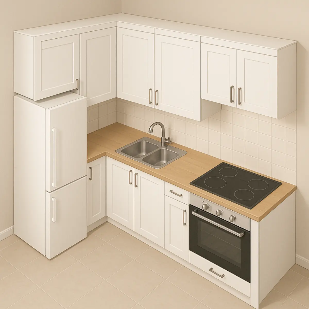 چینش کابینت ال شکل نئوکلاسیک سفید و رعایت مثلث کار