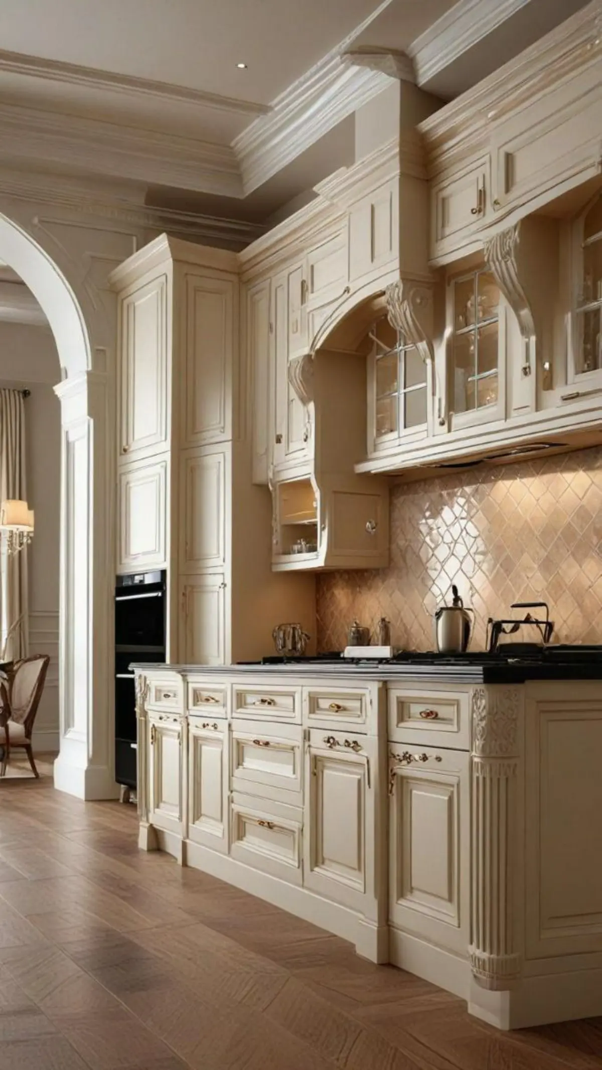 کابینت و جزیره ممبران کرم با منبتکاری طلایی