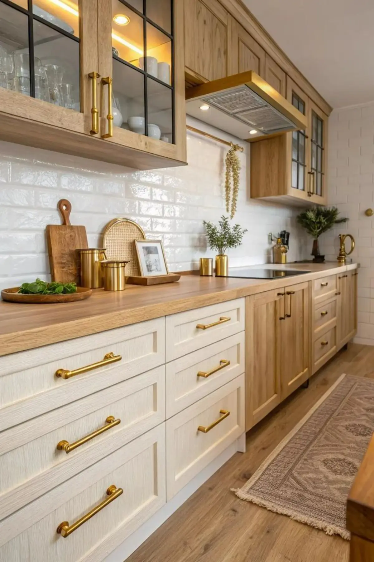 دستگیره طلایی کابینت چوبی قهوهای و سفید نئوکلاسیک