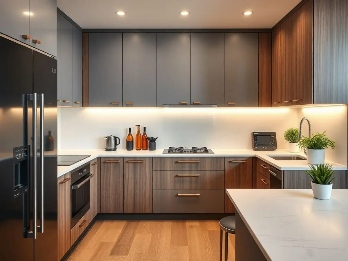 کابینت مدرن چوبی طوسی مدرن با دستگیره خطی استیل و صفحه کابینت سفید