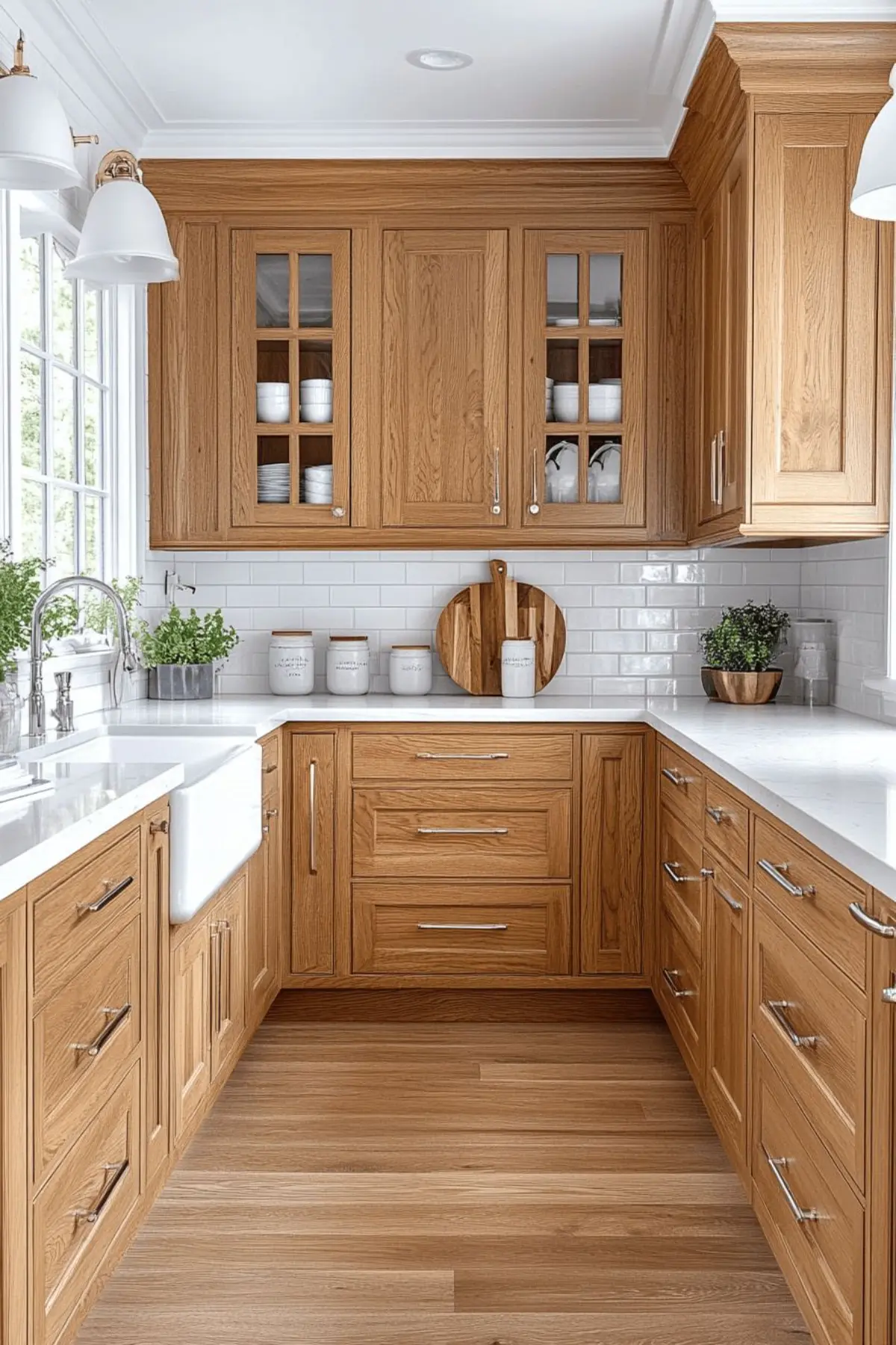 کابینت نئوکلاسیک راش قهوهای با دستگیره نقرهای و صفحه کابینت سفید و بینکابینتی آجر نما سفید و لوسترهای سرامیکی