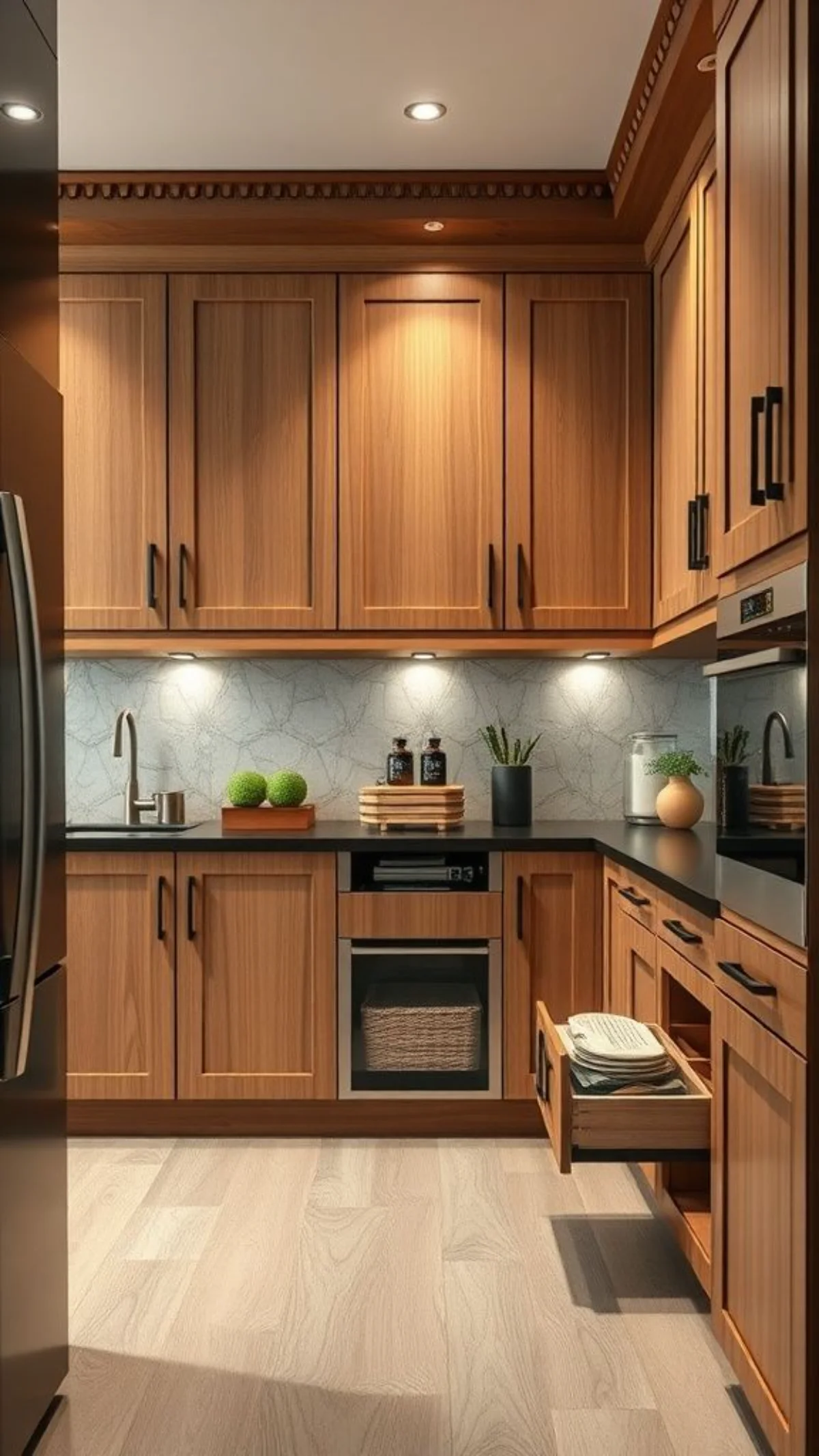 کابینت نئوکلاسیک چوب قهوهای با دستگیرههای مشکی و گاز و فر توکار مشکی و نور پردازی مخفی زیر کابینت و کشو مخصوص وسایل